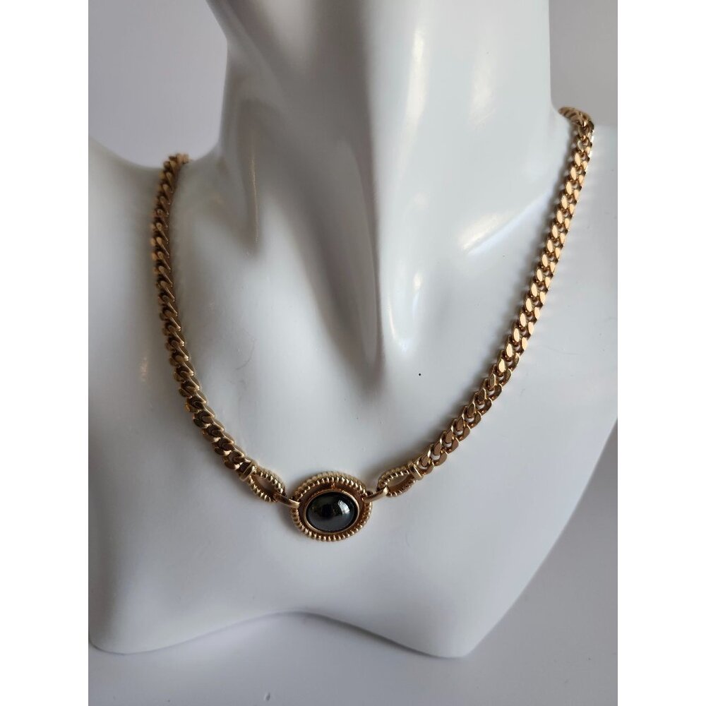 Louis Feraud Paris 1970s Gold Plated Chain Necklace W/ Reflective Hematite Oval